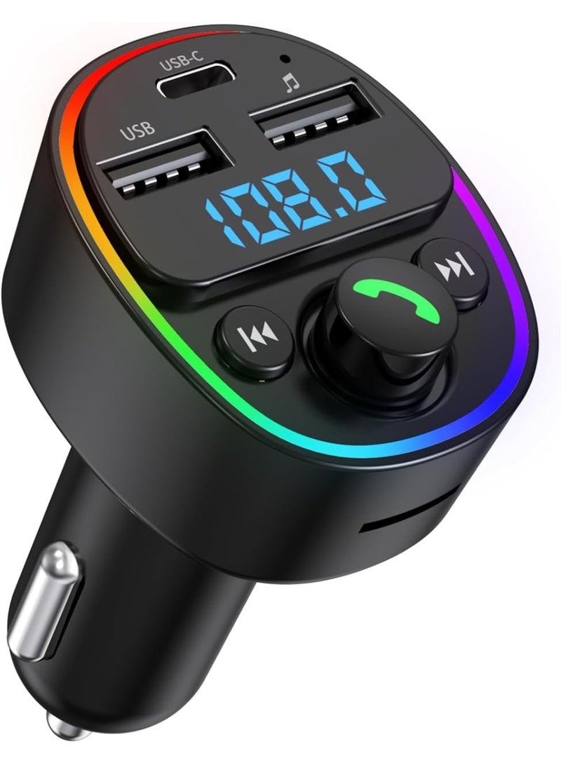 جهاز إرسال FM لاسلكي للسيارة بتقنية البلوتوث ومشغل MP3 - كابل شحن سريع 3 في 1 (Type-C، Micro، Lightning) - طقم مكالمات بدون استخدام اليدين للسيارة مع أضواء LED ملونة RGB وشاشة LED - منفذي USB مزدوجين (أسود) - Image 4